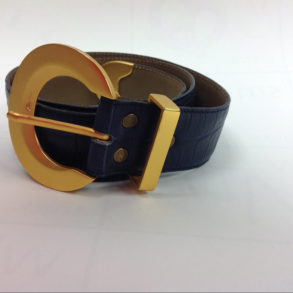 BB Simon Blue Leather Belt Croco Gold Buckle